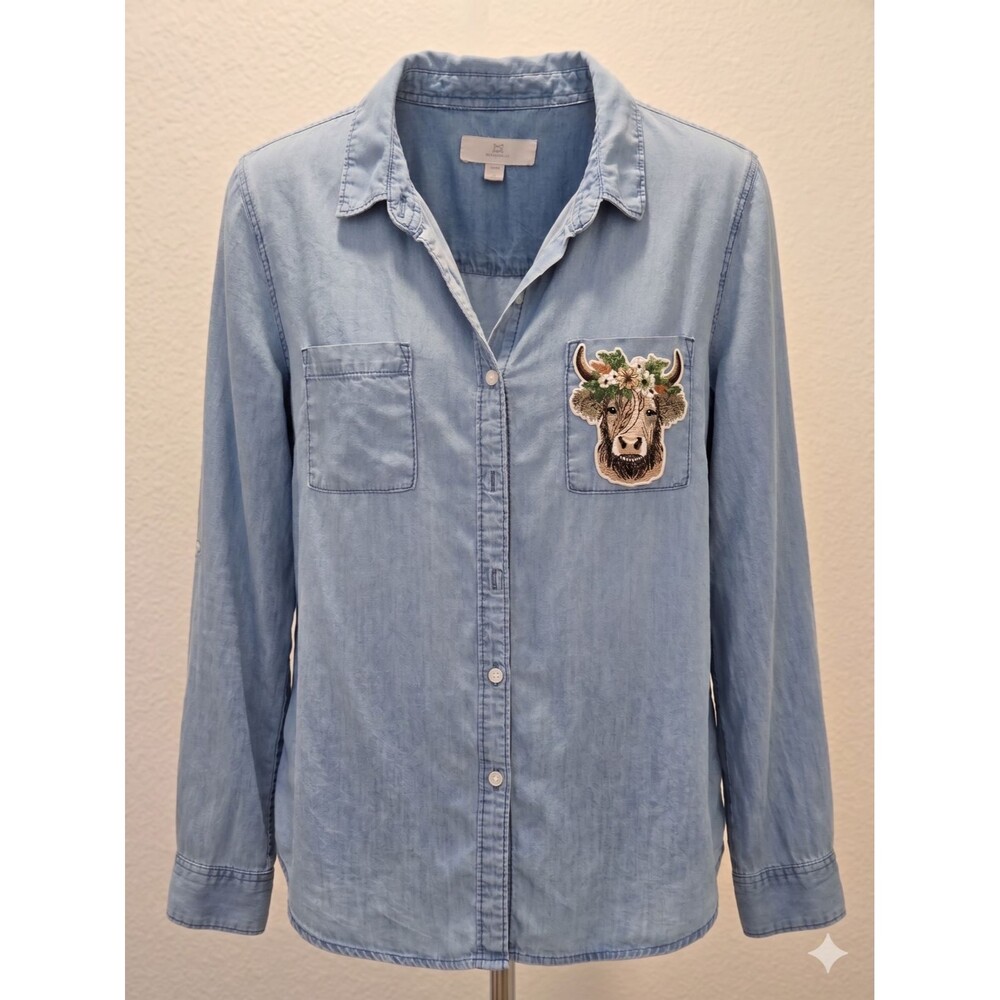 Embroidered Jean Shirt L Highland Cow Western Floral Boho LongSleeve Lyocell